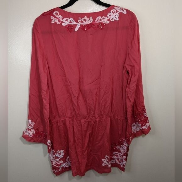 Soft Surroundings Floral Crush Coral Tunic Embroidered Beaded Blouse Small - Picture 5 of 12